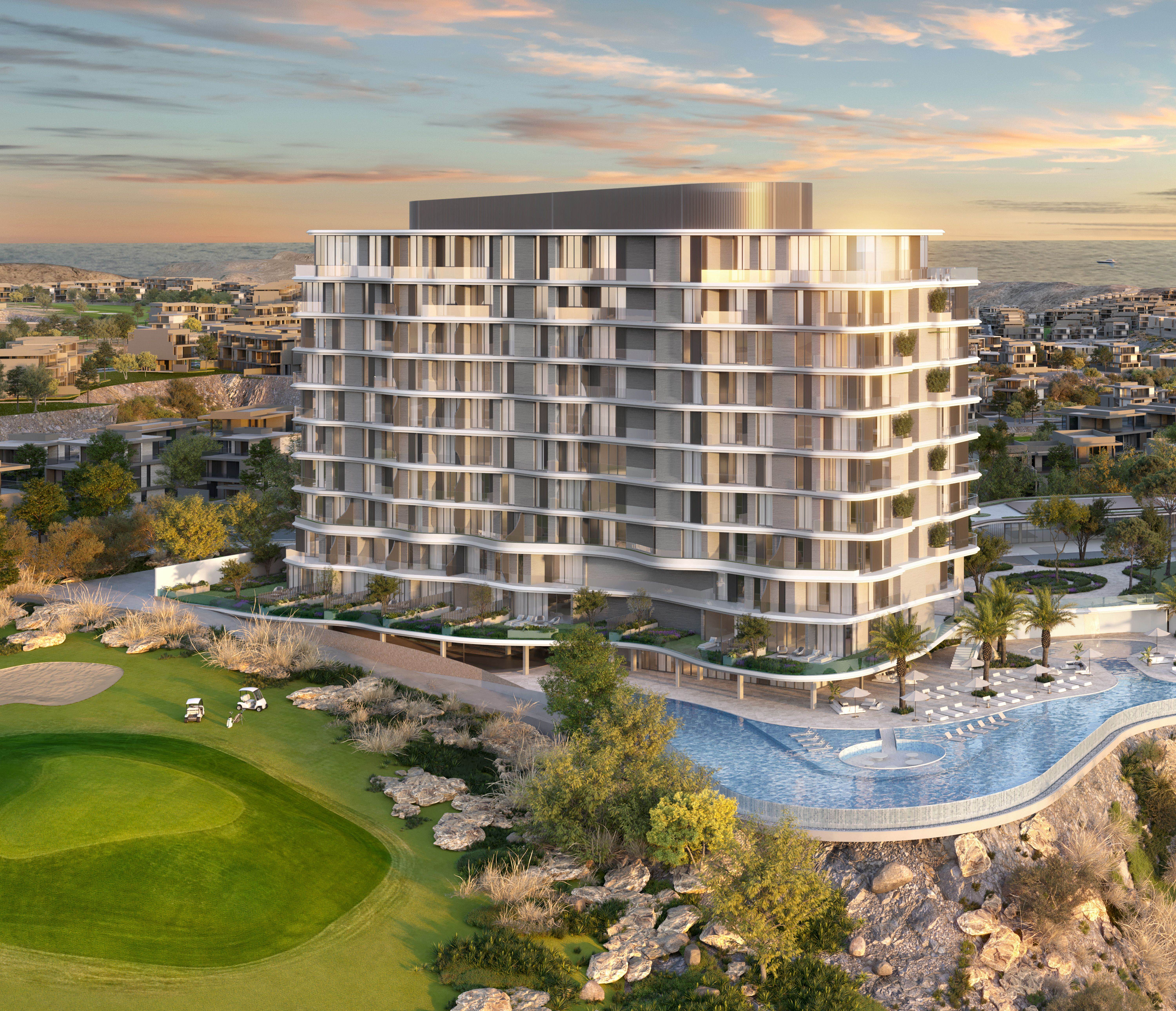 The Great Escape 2 luxury clifftop development AIDA Oman aerial view 130m above Muscat Riviera with infinity pool and golf course