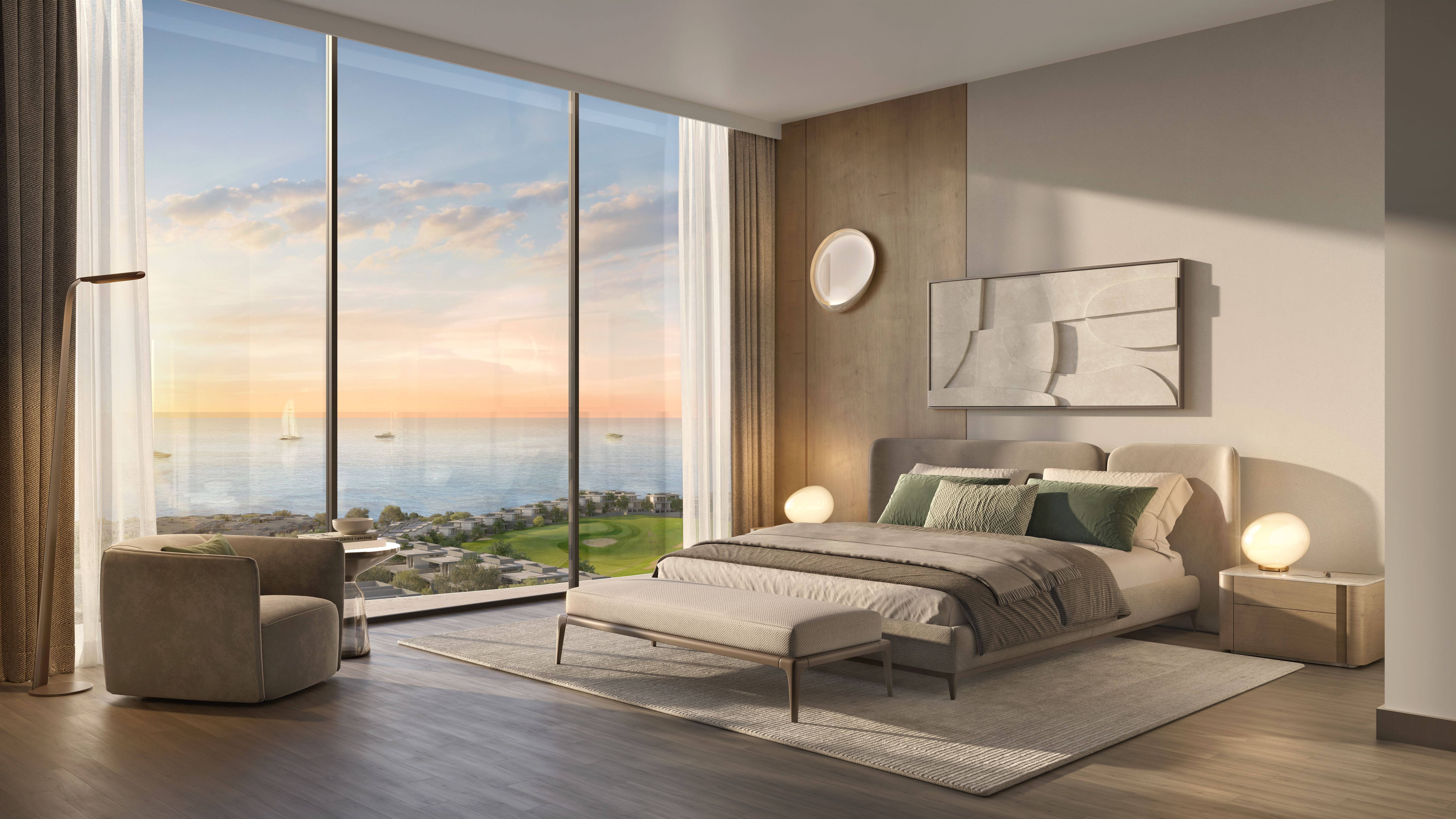 Luxury master bedroom ocean sunset views The Great Escape 2 AIDA Oman clifftop apartment level 40 premium interior design